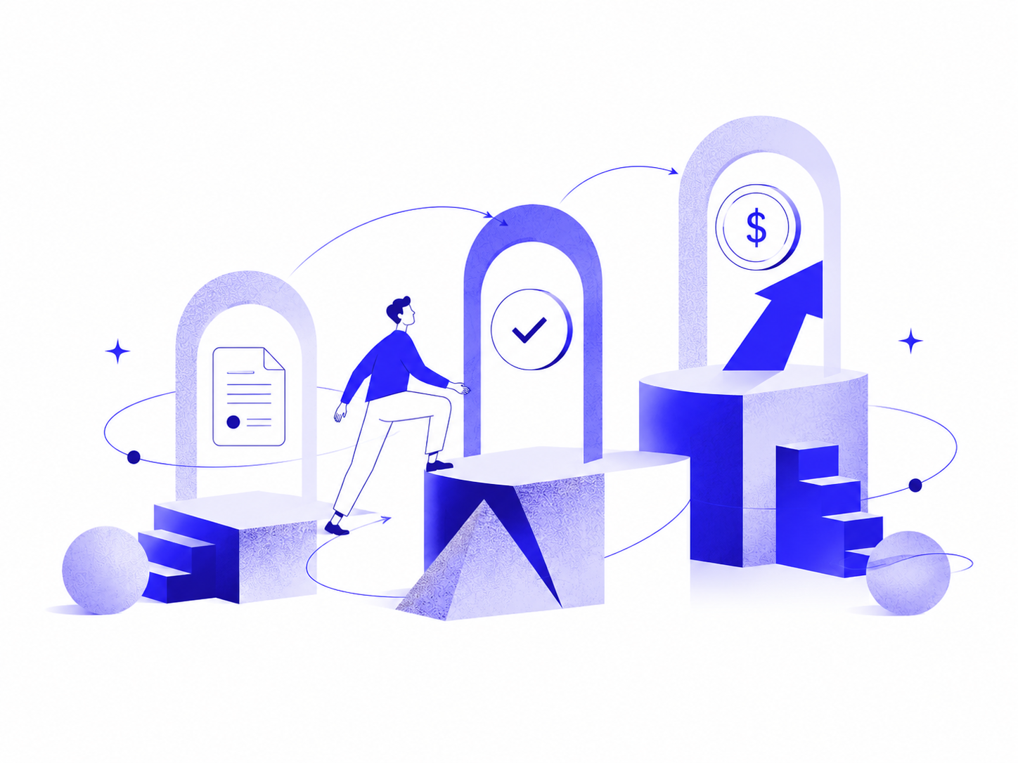 A business owner progressing through arches representing application, approval, and funding